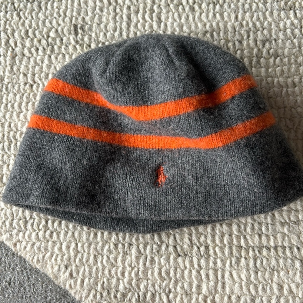 Kids Polo Ralph Lauren Gray and orange striped wool beanie hat